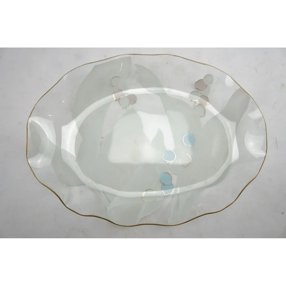 Vintage‎ Frosted Glass Floral Serving Platter Gold Trim Scalloped Edge